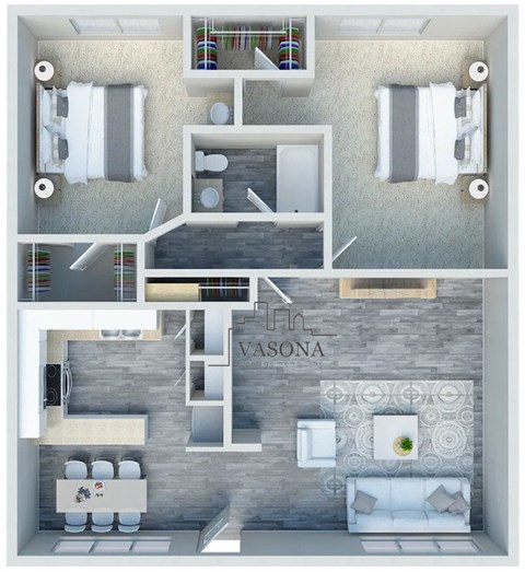 A floor plan of a room with a living area, kitchen, and bathroom.